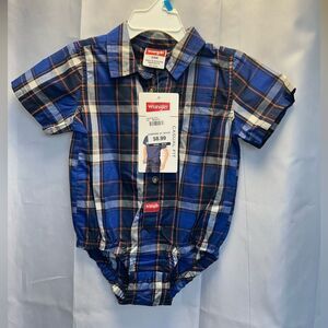 Wrangler Blue and Orange Plaid button-down onesie/bodysuit